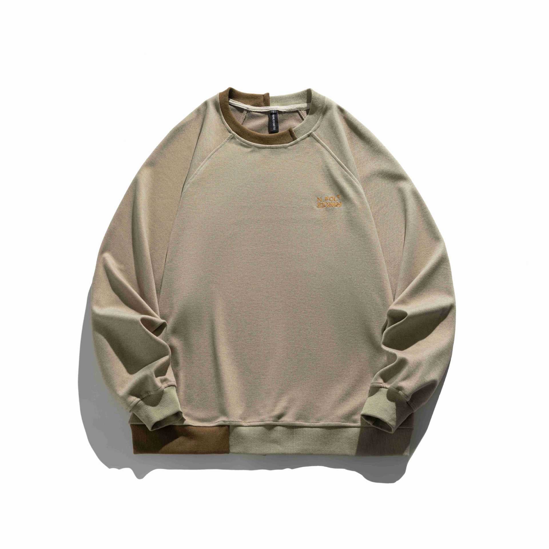 Color-block Splicing Embroidery Design  Long Sleeve Hooded  Loose Fit  Unisex Pullover Hoodie