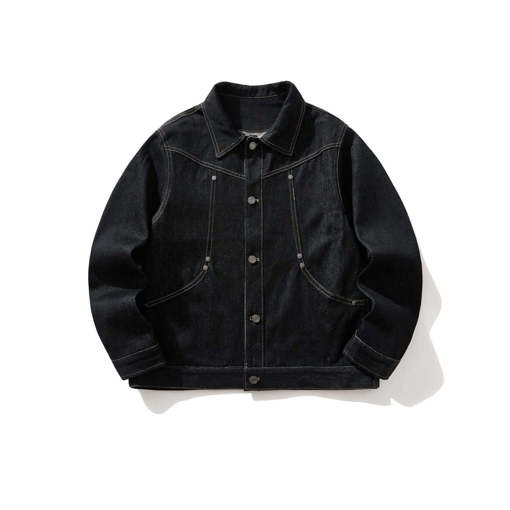 Raw Black Denim Curved Topstitch Rivet Lapel Jacket for Men