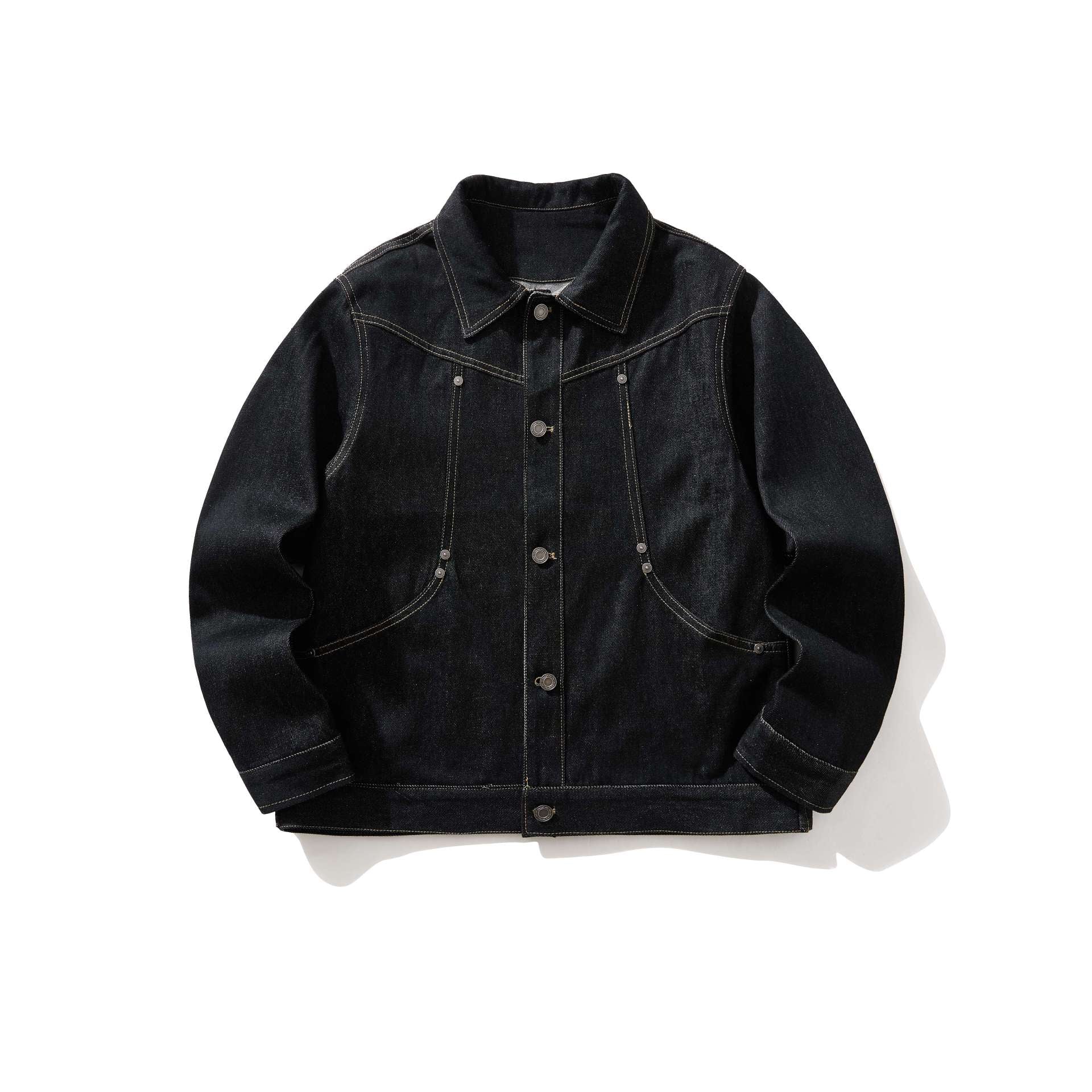 Raw Black Denim Curved Topstitch Rivet Lapel Jacket for Men