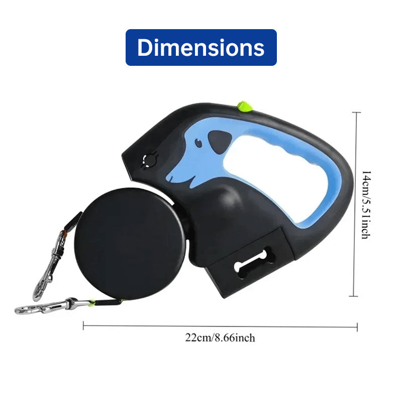 Dual / Double Dog Leash, 360° Retractable Roulette, 3M, LED Light, Tangle-Free, Double-Ended Traction Rope