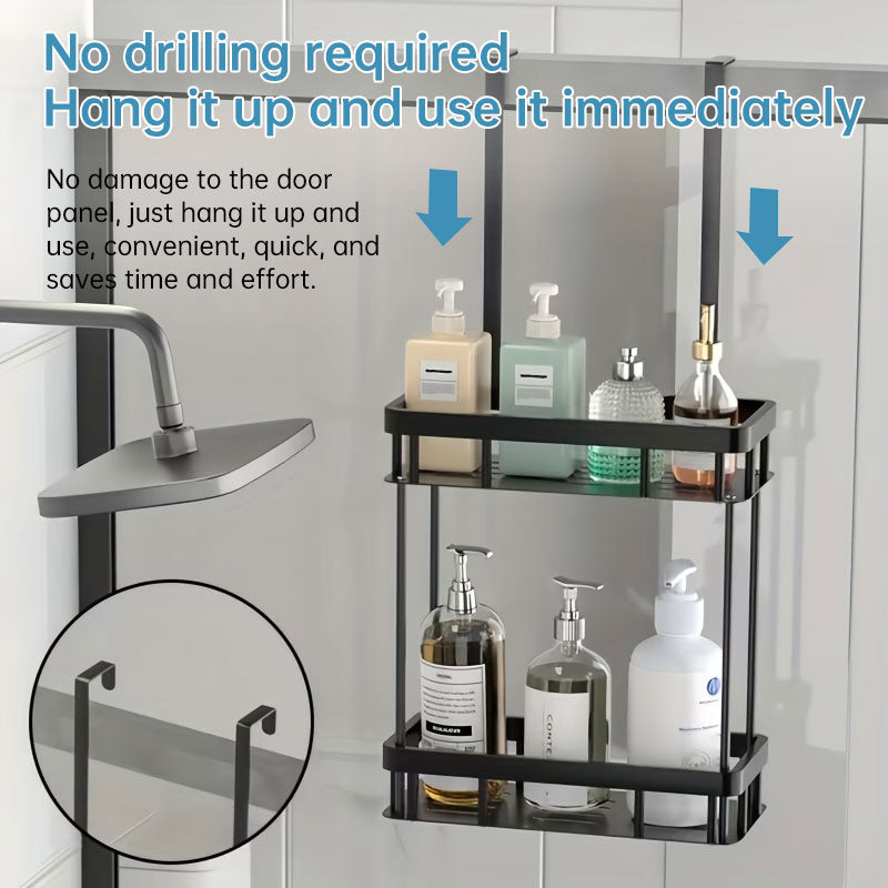 Hanging Bathroom Organizer for Glass Doors, 2-Tier Over-the-Door Storage Shelf, No Drill, Rust-Resistant Toiletries Rack