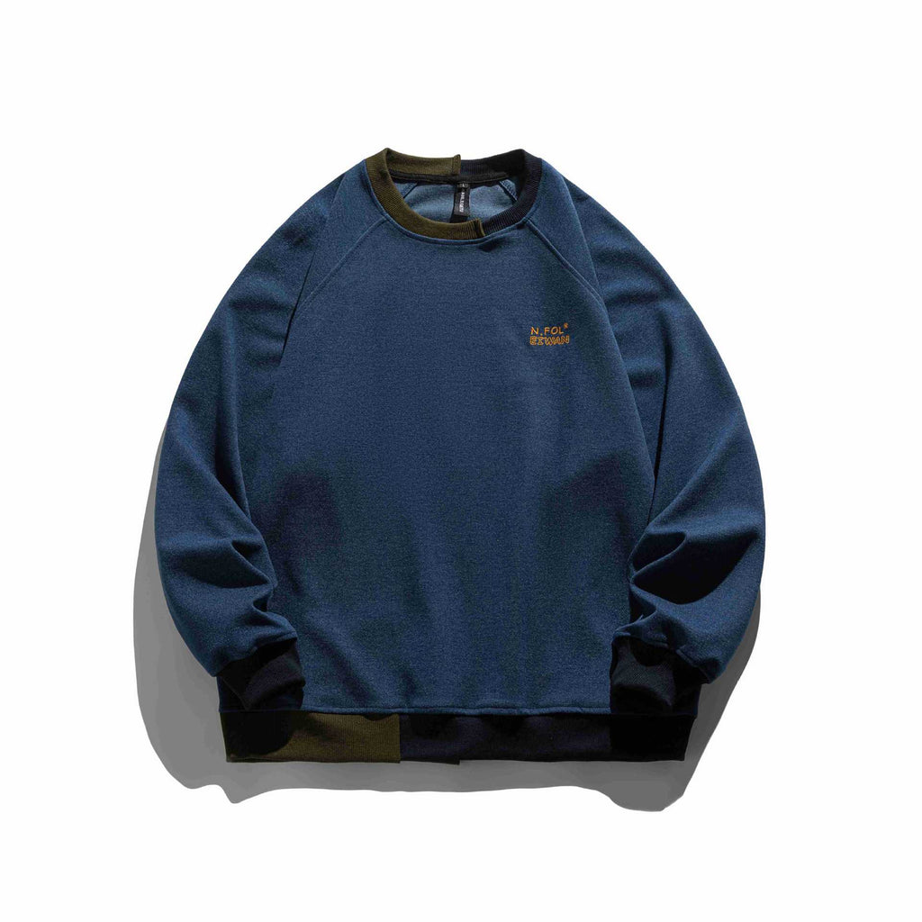 Color-block Splicing Embroidery Design  Long Sleeve Hooded  Loose Fit  Unisex Pullover Hoodie