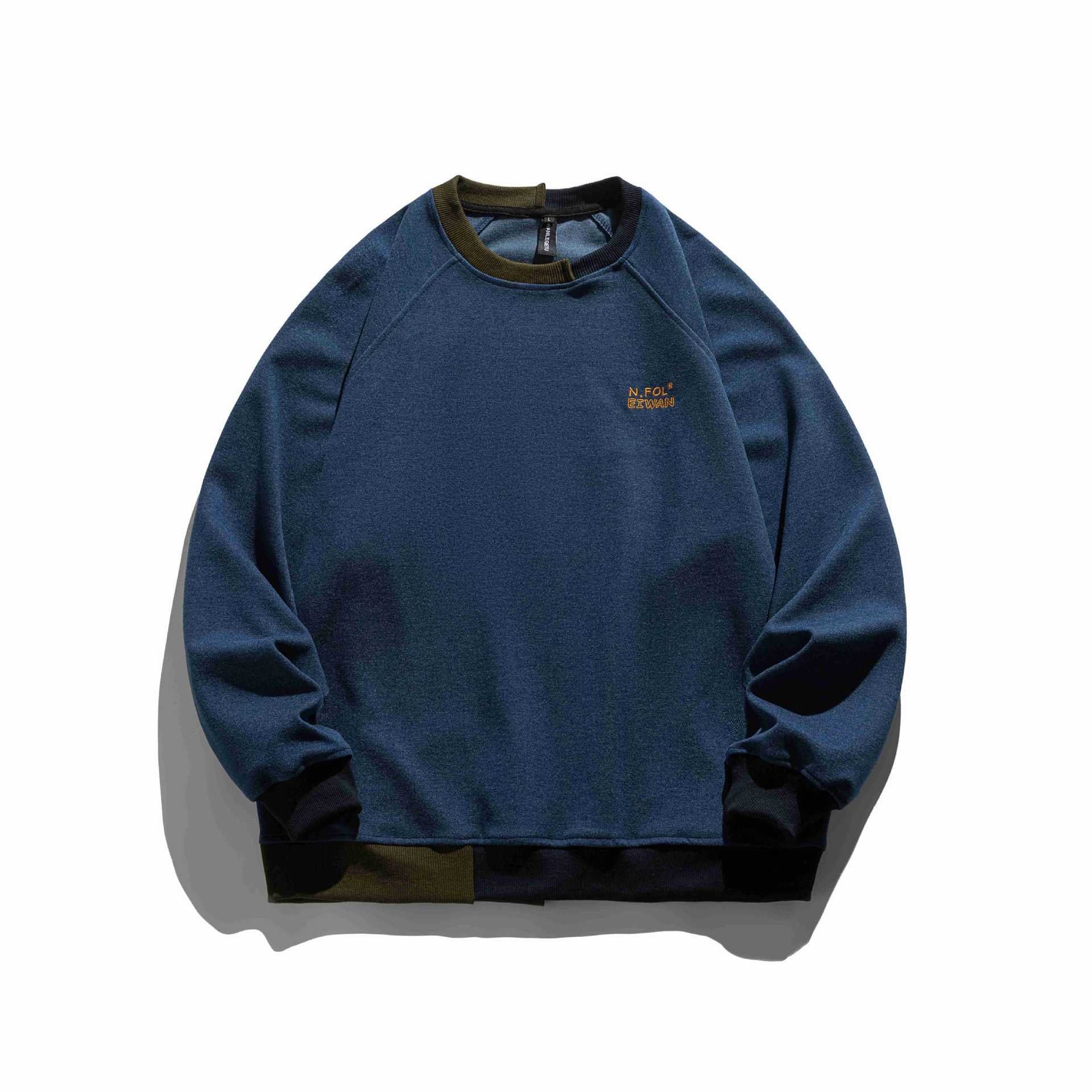 Color-block Splicing Embroidery Design  Long Sleeve Hooded  Loose Fit  Unisex Pullover Hoodie