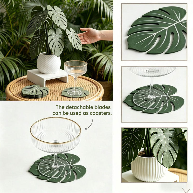 Monstera Leaf 3D Printed Coasters, Non-Slip Anti-Scald Plant Drink Mats, Tropical Desk Bar Kitchen Decor