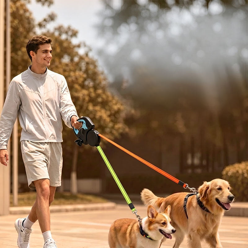 Dual / Double Dog Leash, 360° Retractable Roulette, 3M, LED Light, Tangle-Free, Double-Ended Traction Rope