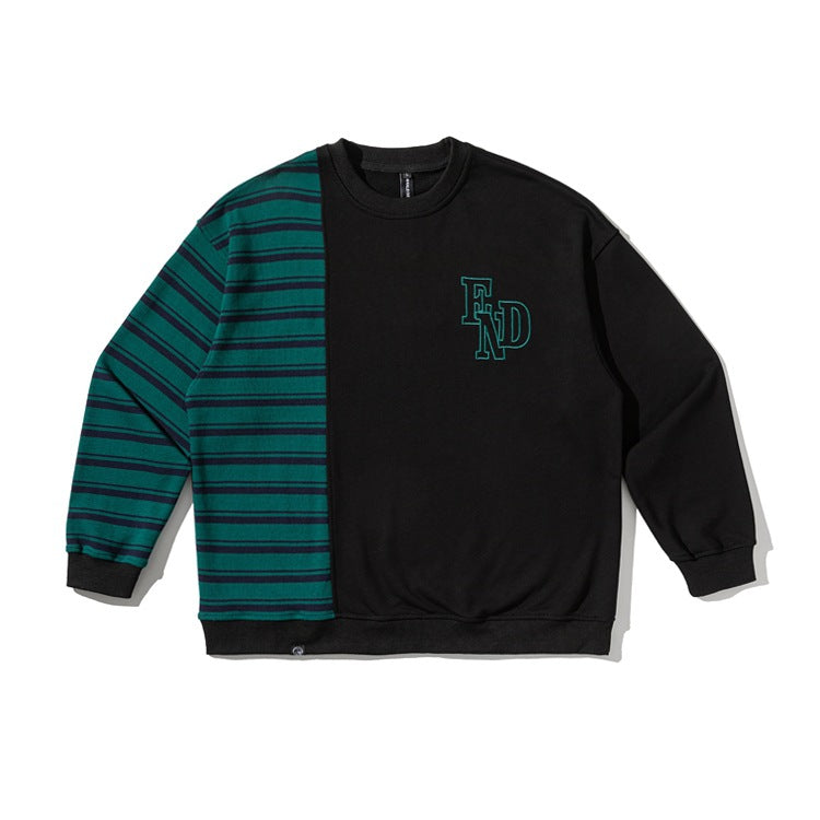 Casual Letter Embroidery Stripe Color Block Loose Hooded Sweatshirt