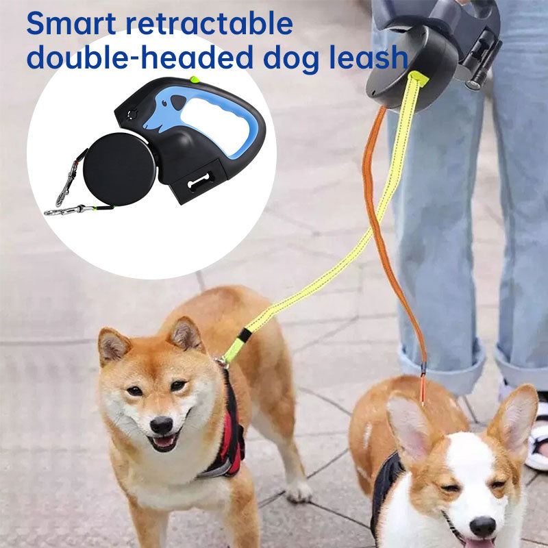 Dual / Double Dog Leash, 360° Retractable Roulette, 3M, LED Light, Tangle-Free, Double-Ended Traction Rope