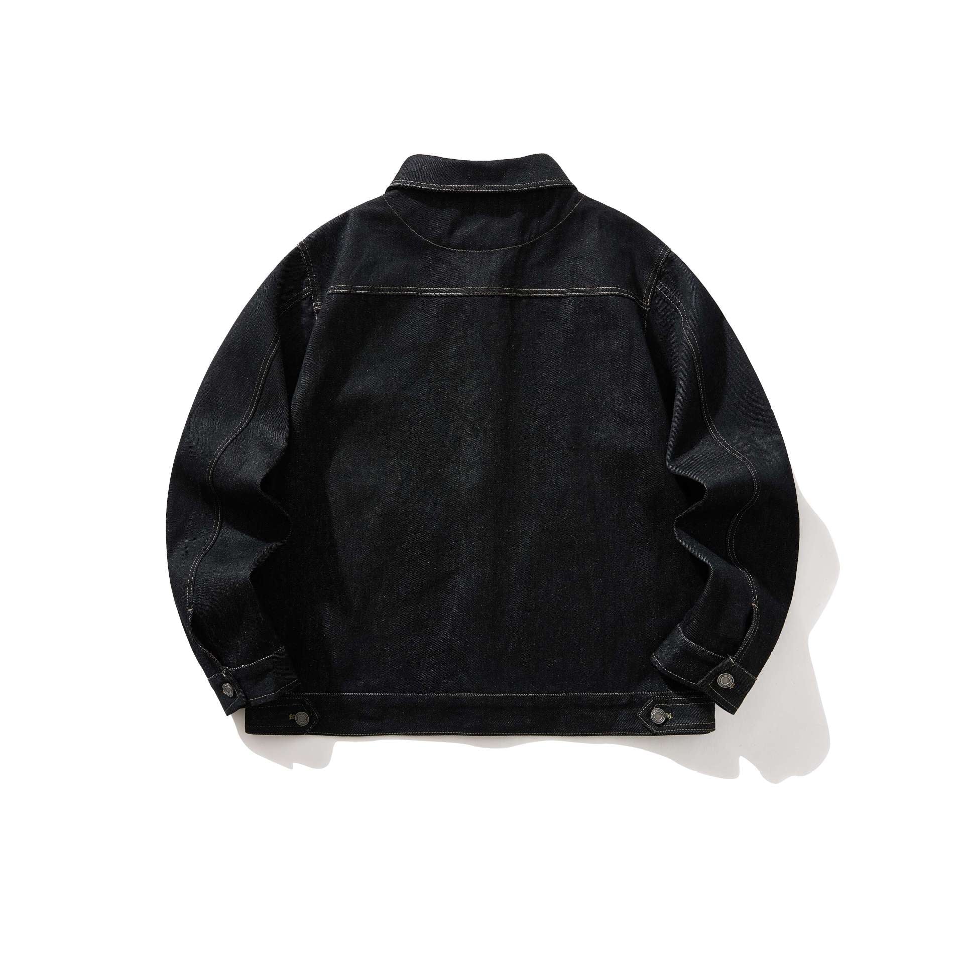 Raw Black Denim Curved Topstitch Rivet Lapel Jacket for Men